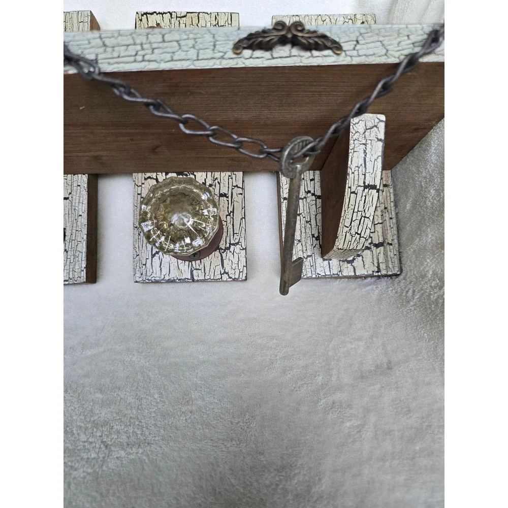 Steampunk Rustic Wood Wall Shelf Vintage Keys Doorknob Crackle Finish Farmhouse